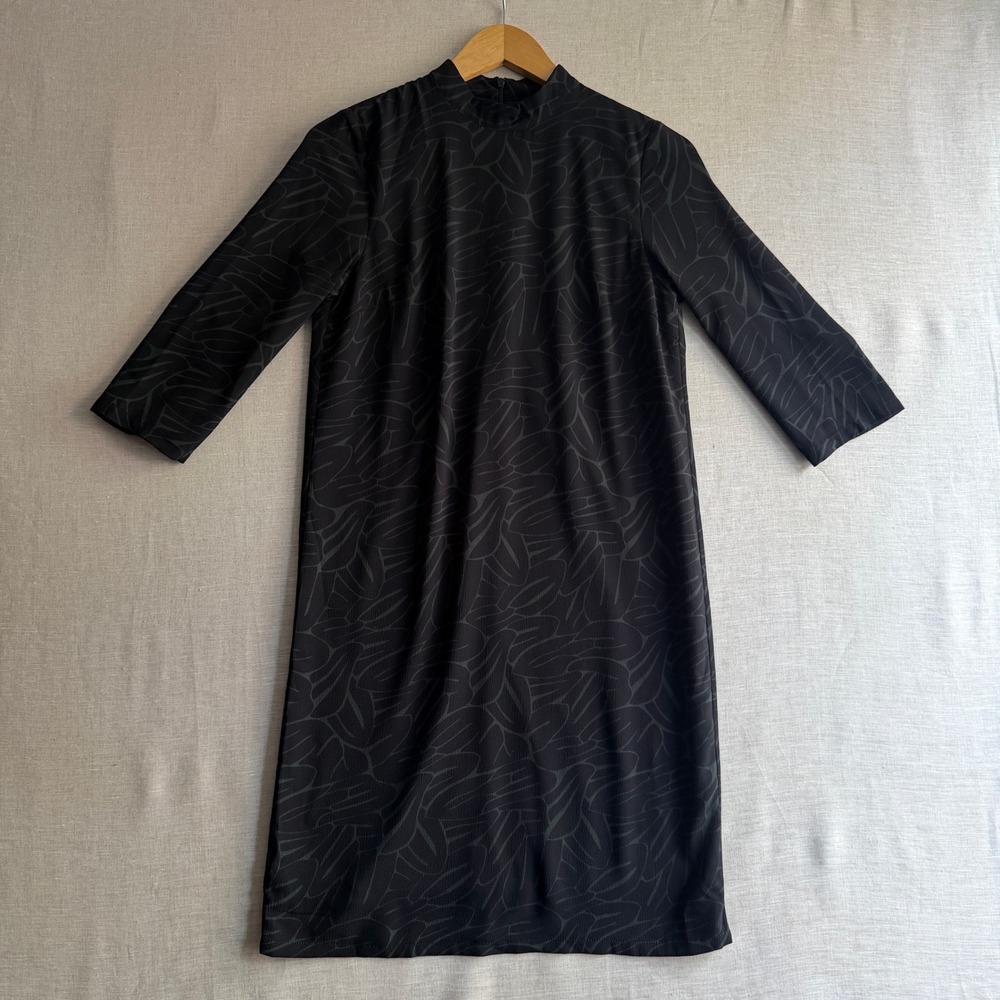 ICHI Enova SDR Mock Neck Shift Dress Black Green Abstract Crepe XS Minimalist
